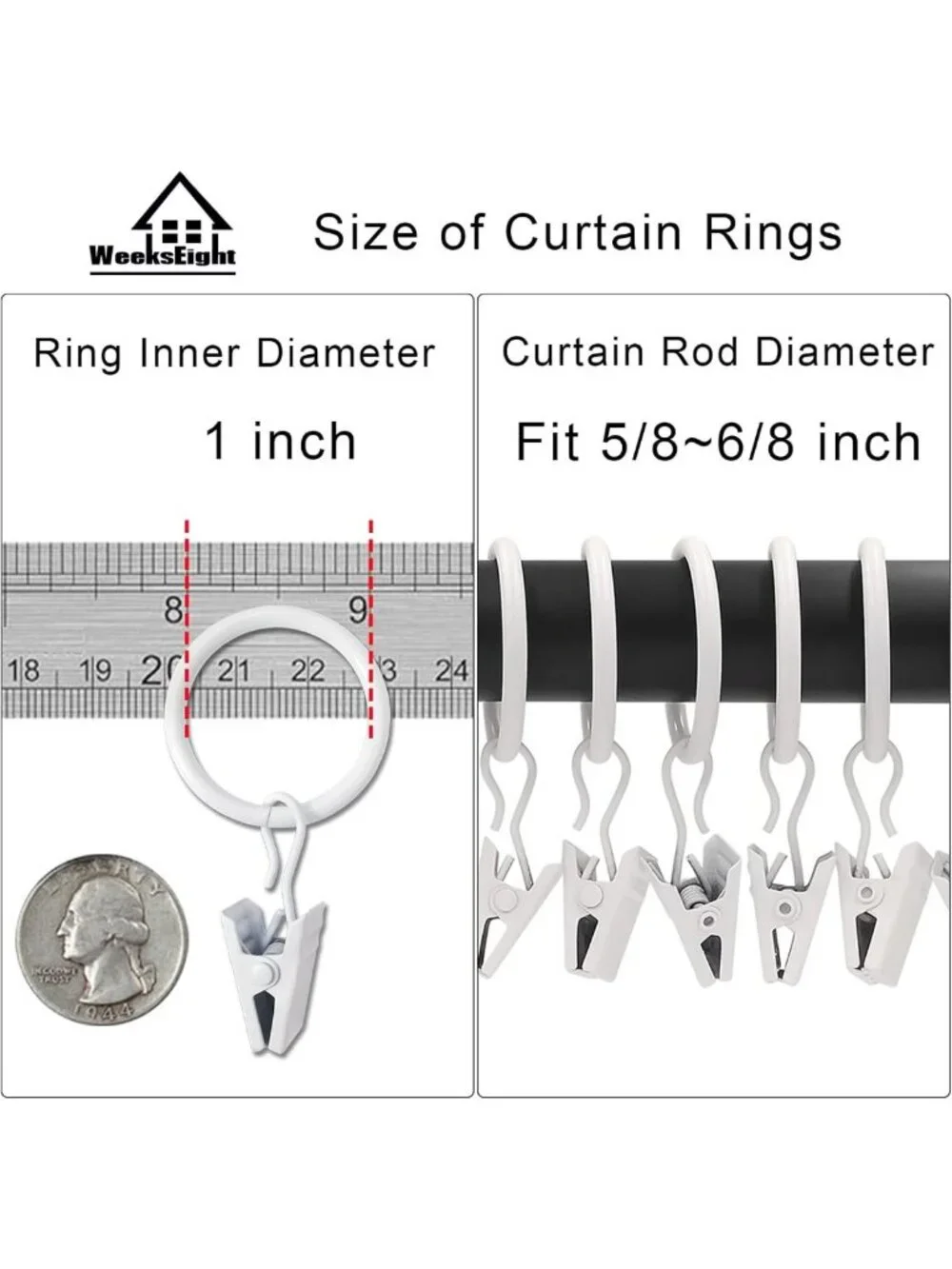 100 Pack White Curtain Rings with Clips - Drapery Hooks for Hanging Curtains
